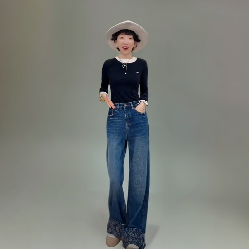 订货会新款设计师港版80034内里提花蓝色直筒秋冬新款阔腿牛仔裤