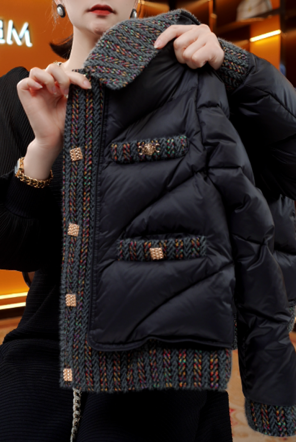 XJ-冬雪悸动| 高级黑灰配色小香风羽绒服女装百搭翻领大朵绒