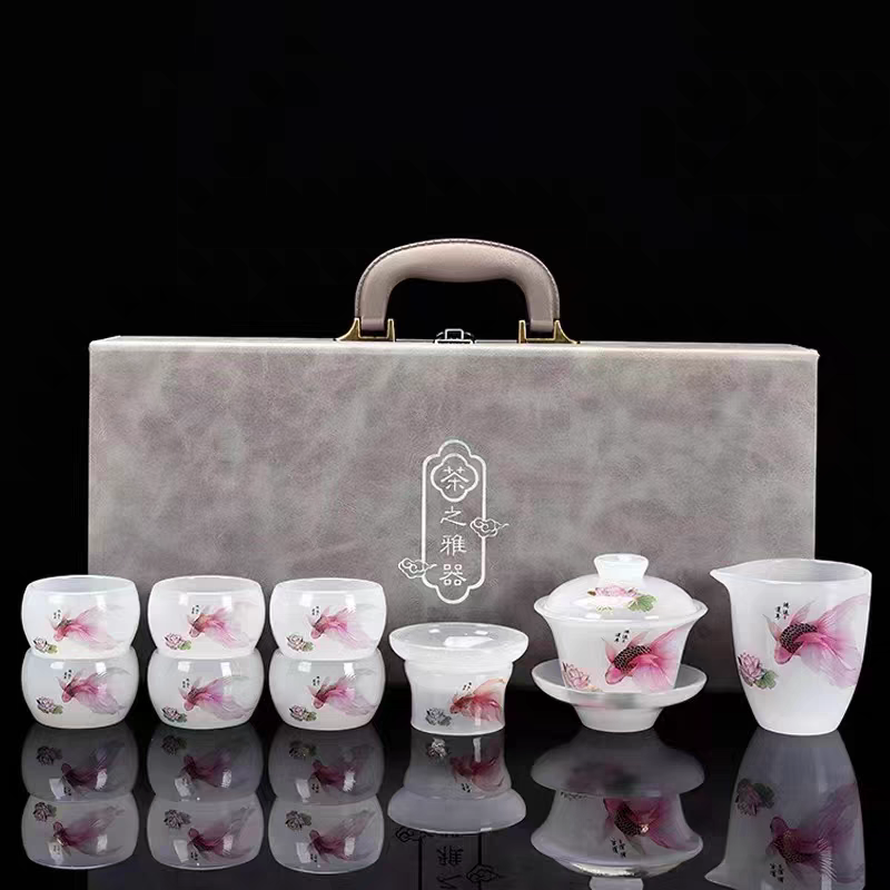 鸿运莲年琉璃金鱼茶具套装家用盖碗办公室白色功夫茶具高档礼盒装