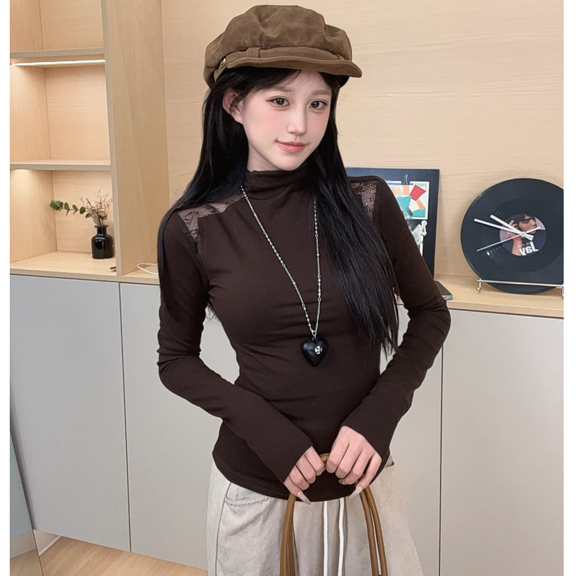 半高领洋气蕾丝拼接【加绒保暖】女长袖t恤春秋冬新款保暖内搭上衣