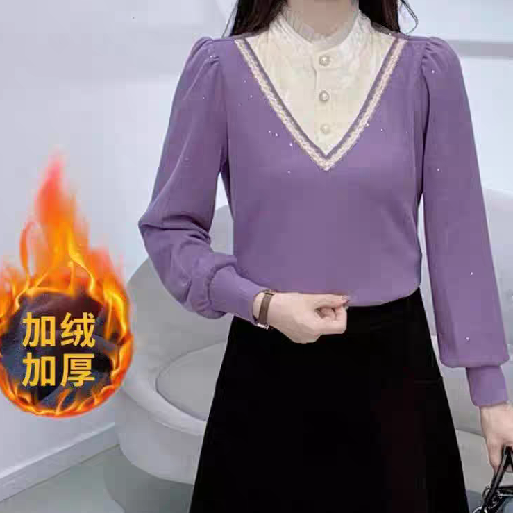 衣源659#加绒加厚长袖冬设计感蕾丝拼接打底衫（长约55）