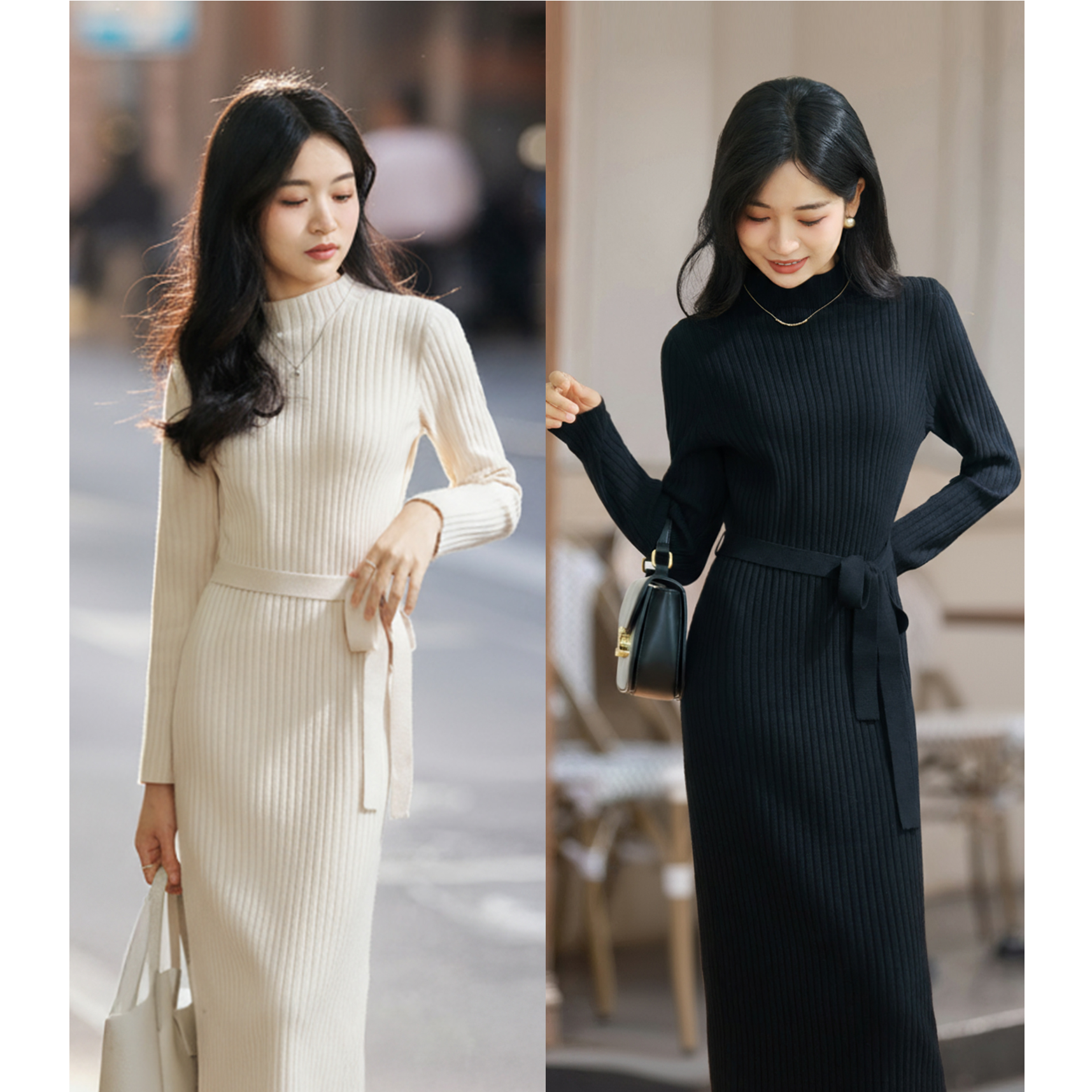 【柒量一裁】3243小个子杏/黑色坑条针织连衣裙女绑带收腰100cm裙子