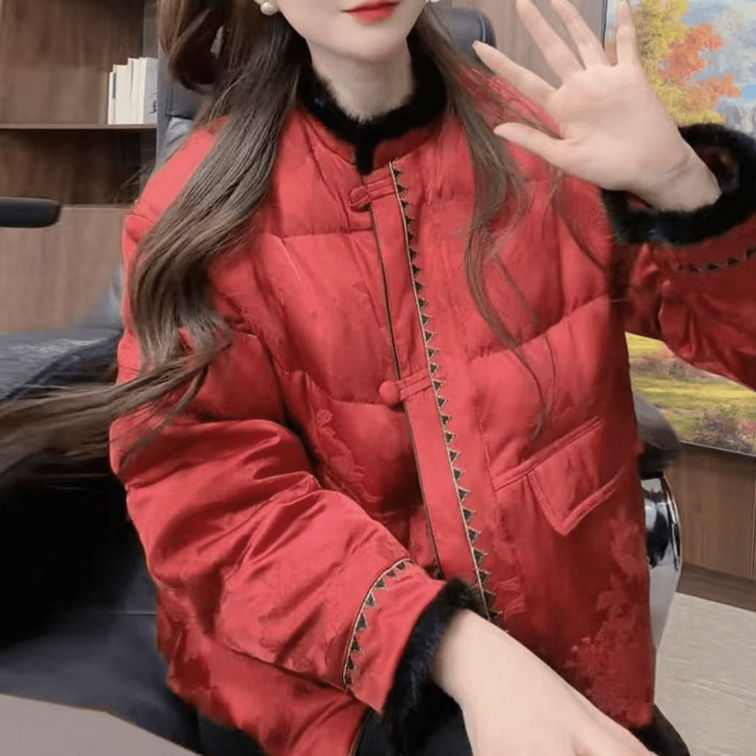 中国风新年红刺绣棉服女冬季新款宽松加厚保暖新中式盘扣棉衣外套