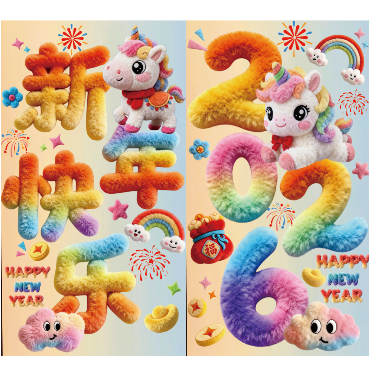 【晒晒专属】（竖款）阳光彩虹小马款裸眼5D马年静电玻璃贴门过年贴纸