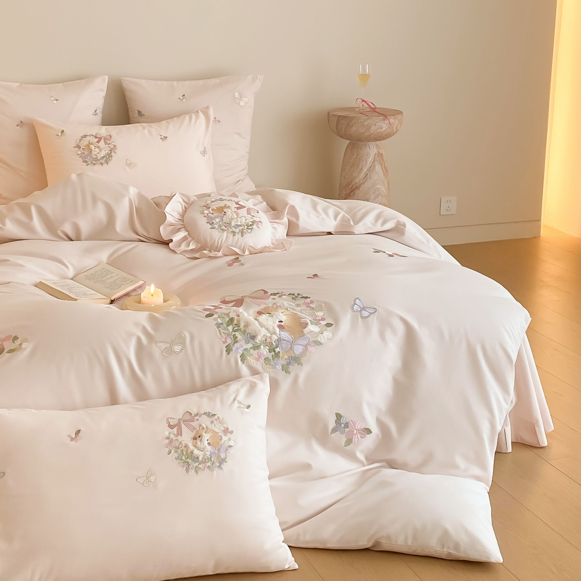 全棉贡缎长绒棉磨毛刺绣轻奢款四件套床品-猫咪花园