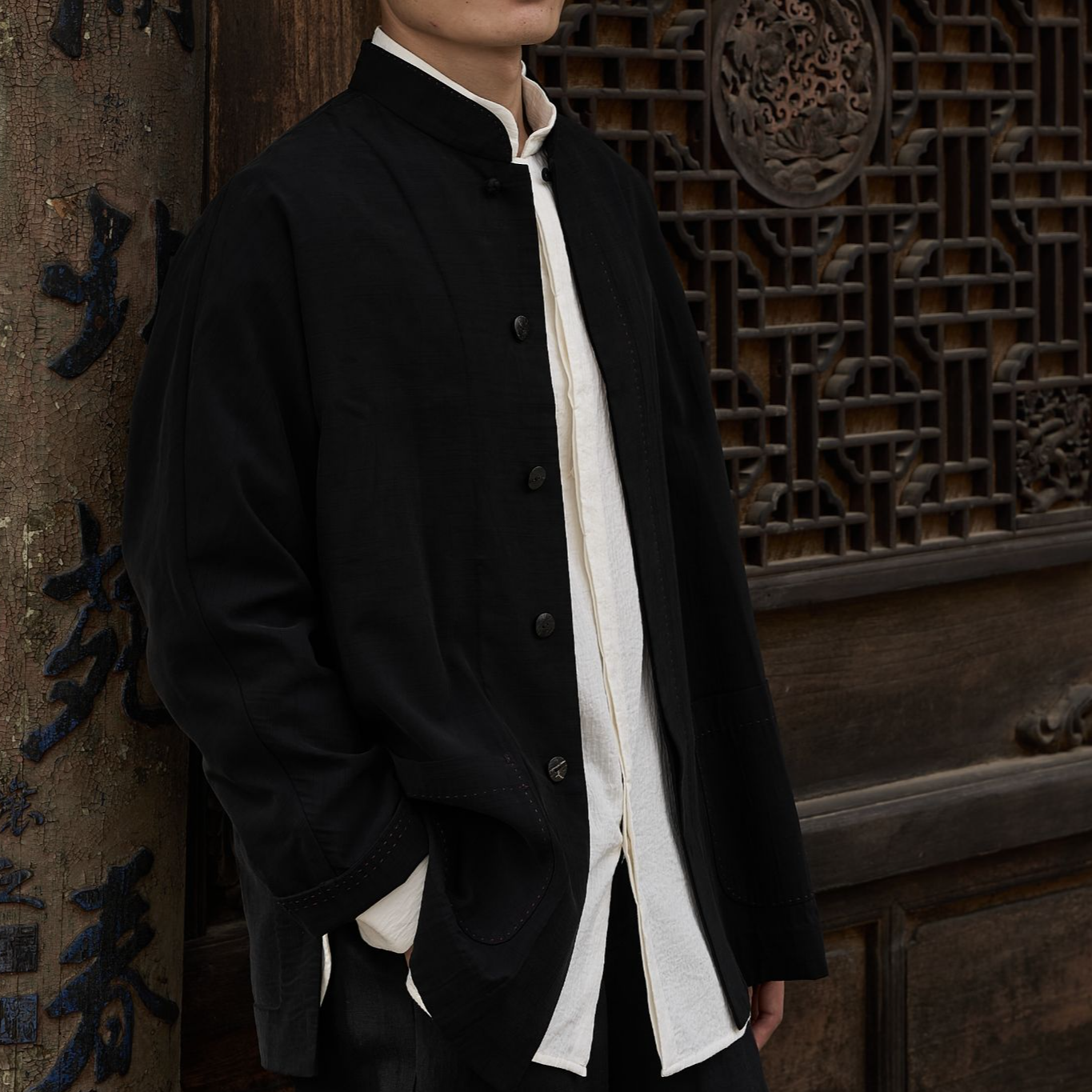 慈航布衣新中式手工盘扣暗襟黑色涤棉外套