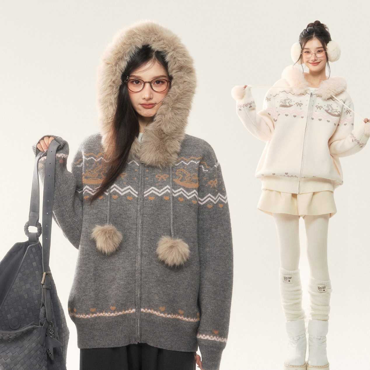 ELEVEN SLEEP冬季新款费尔岛抽绳毛衣外套女韩系加厚保暖连帽开衫