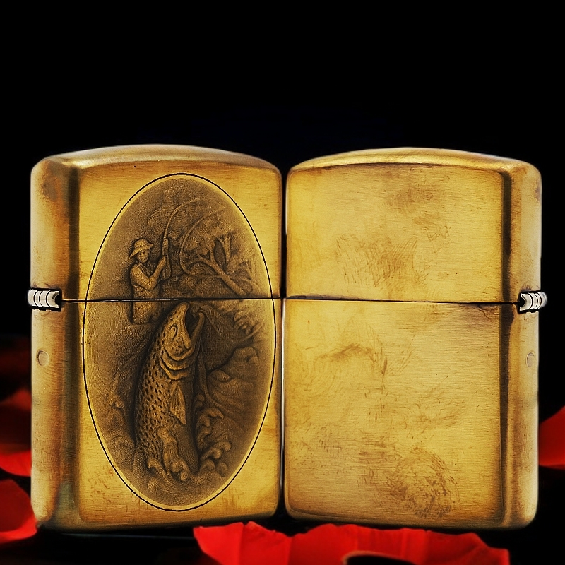 ZIPPO/之宝【钓鲈鱼】黄铜盔甲机正品煤油打火机KF-DF