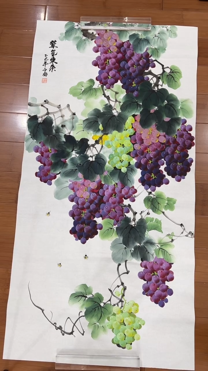 国画【福利，纯手工手绘】李雪梅葡萄竖版138*68厘米