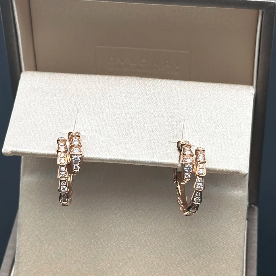 99新 BVLGARI/宝格丽 小花6欢 Viper系列 蛇形满钻耳环 18K玫瑰金