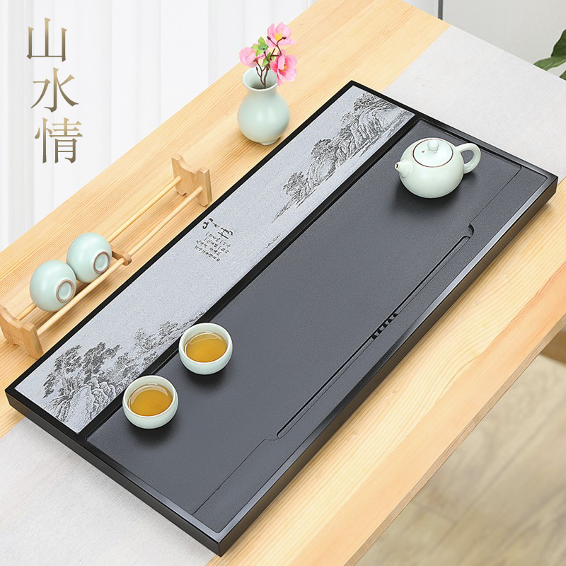 天然乌金石茶盘影雕手工托盘排水式茶台山水国画整块中式高端轻奢