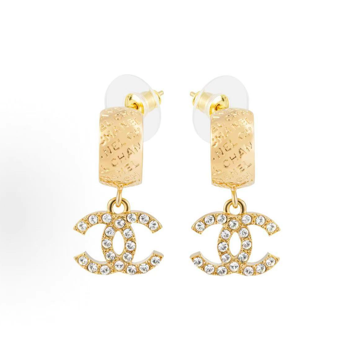 99新 Chanel/香奈儿 金色刻字水钻双C耳钉