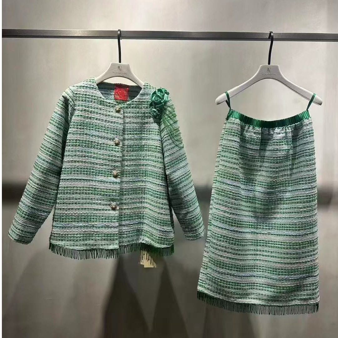 （恒心）针织短外套宽袖绿色女士设计师秋季秋冬格子时尚气质小香风