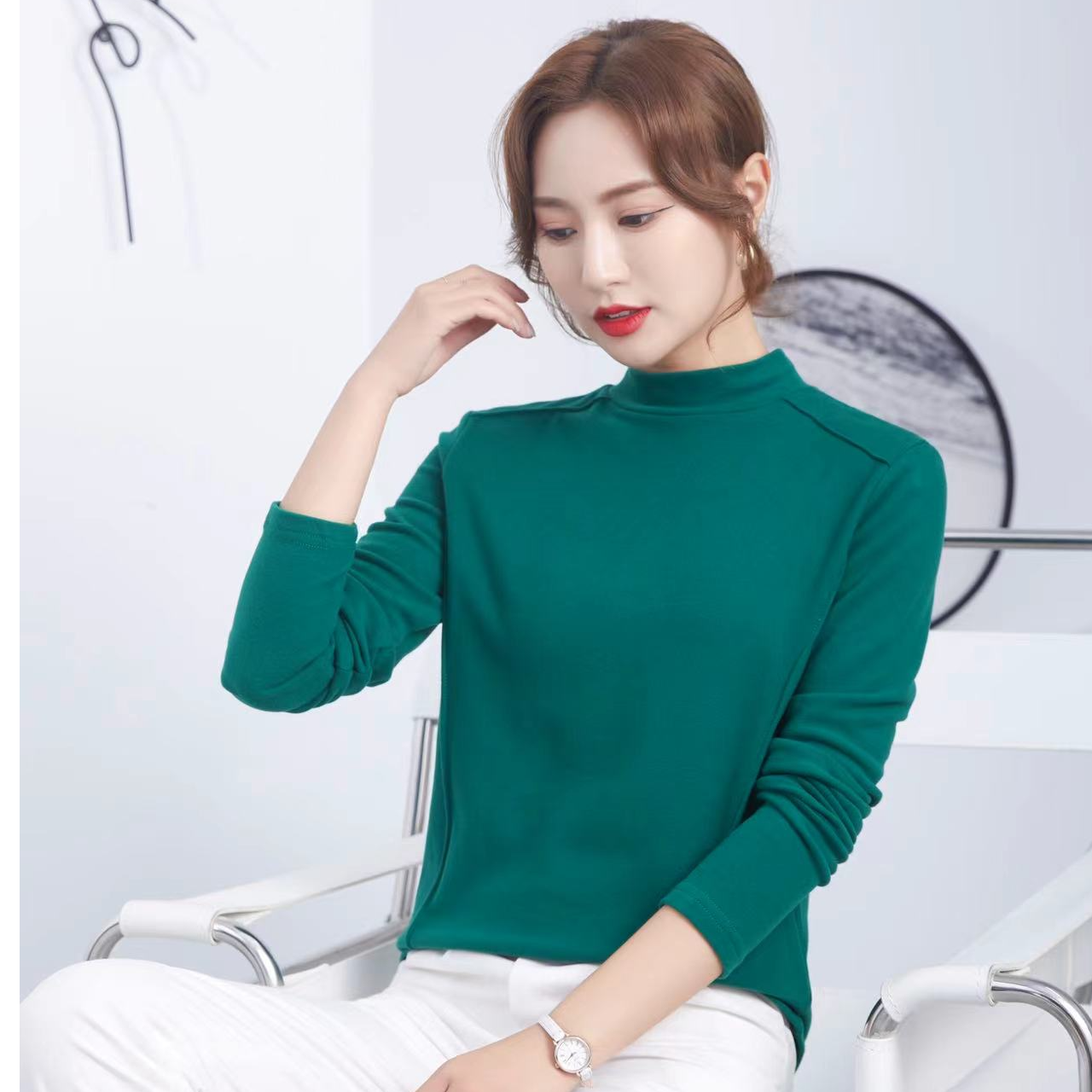 腾坊高品质3合1双面澳绒设计感肩线长袖半高领纯色打底衫T恤3027