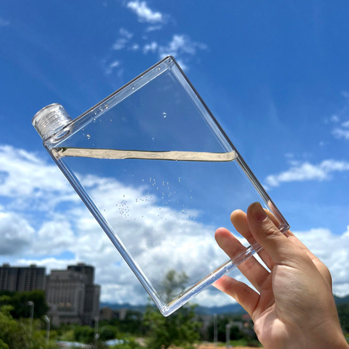 超扁水壶耐高温PC500ml扁水杯简约透明户外便携耐高温创意A5方形