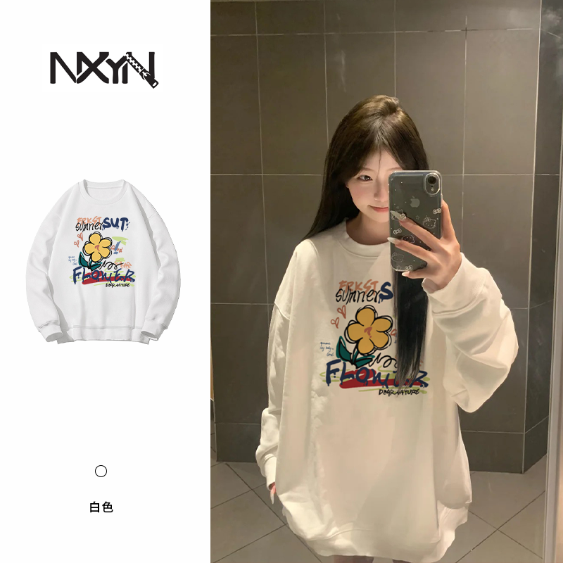 NXYN2025秋季明星同款秦岚小花落肩男女同款卫衣DJ-1581