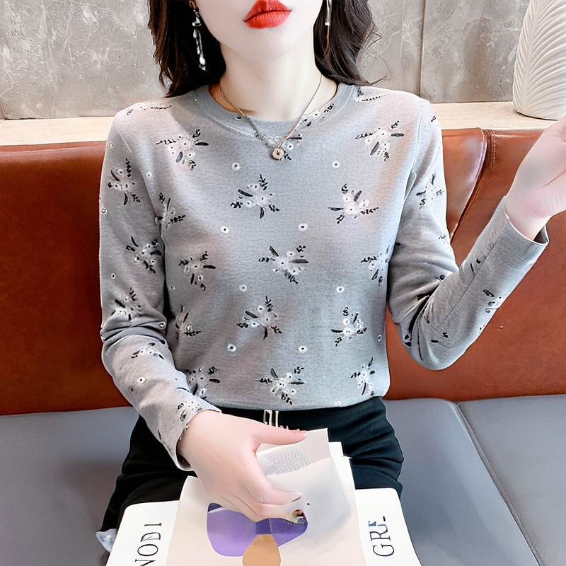  打底衫女春秋新款立体花朵印花修身内搭长袖t恤女百搭圆领上衣潮