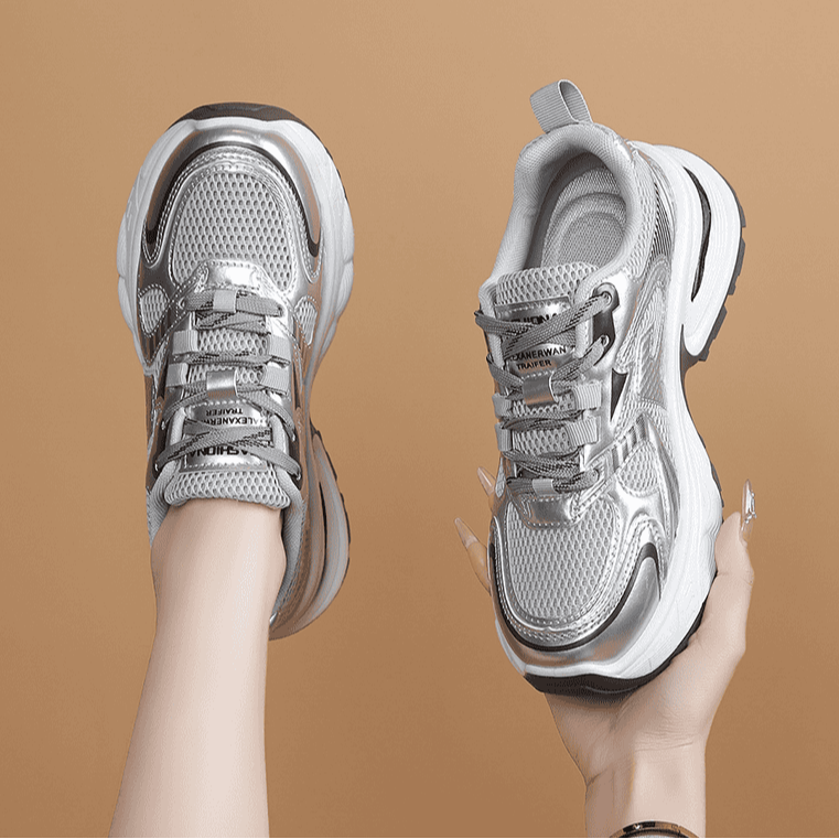 白鹿明星同款鞋银色老爹鞋女2025年新款厚底增高透气休闲运动鞋