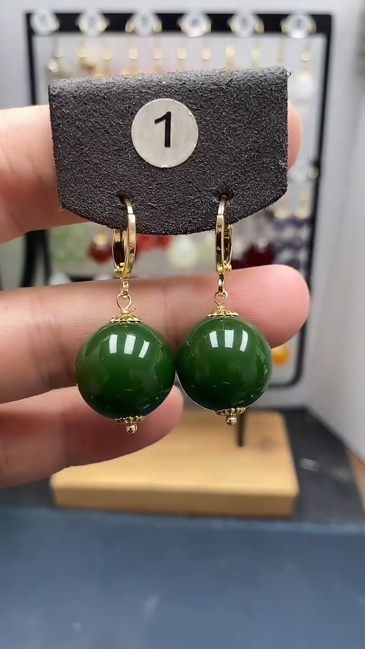 银S925镀金镶嵌和田玉耳饰尺寸16mm耳扣22