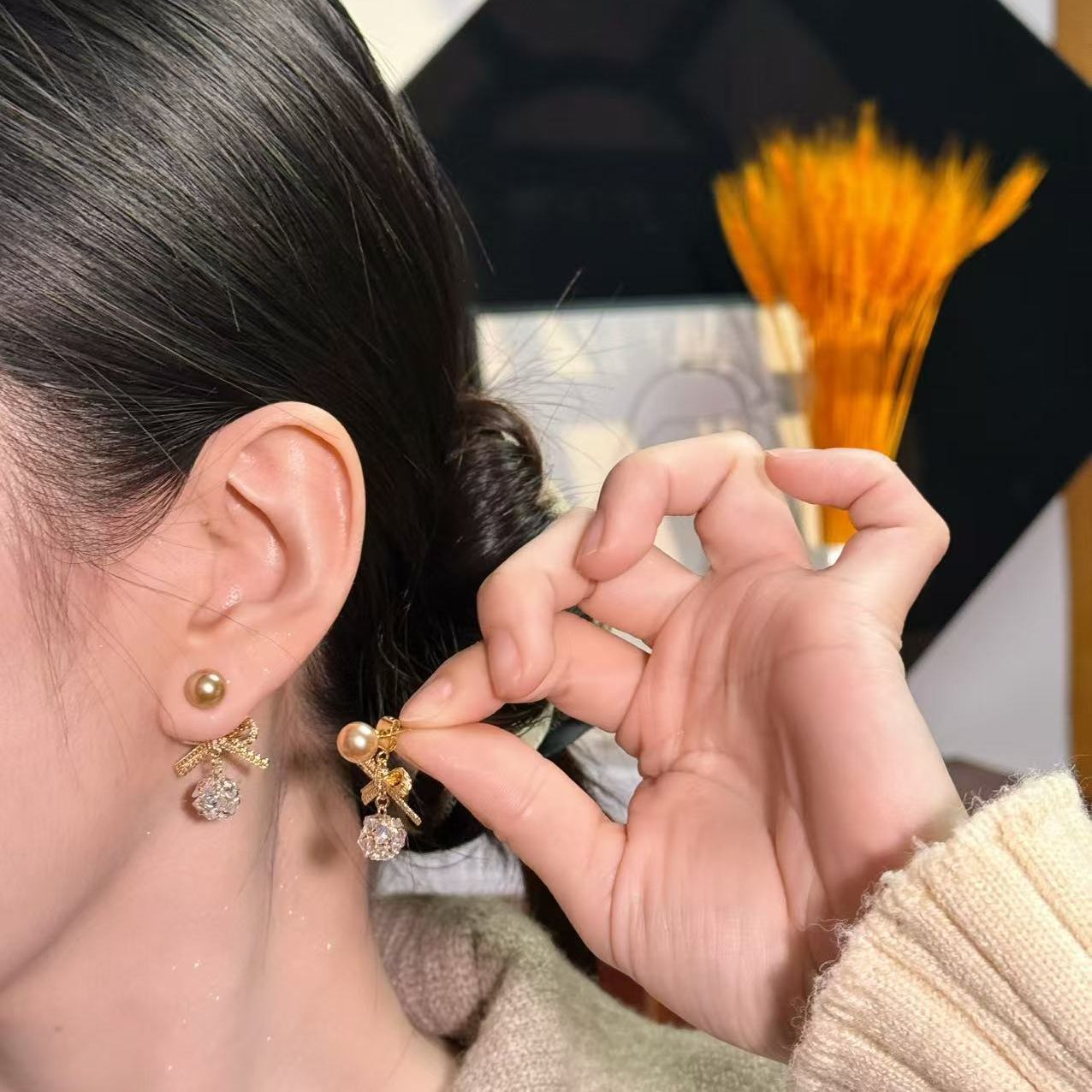 铜合金仿珍珠耳饰 【078】 蝴蝶结加锆石百搭小众耳钉小耳环