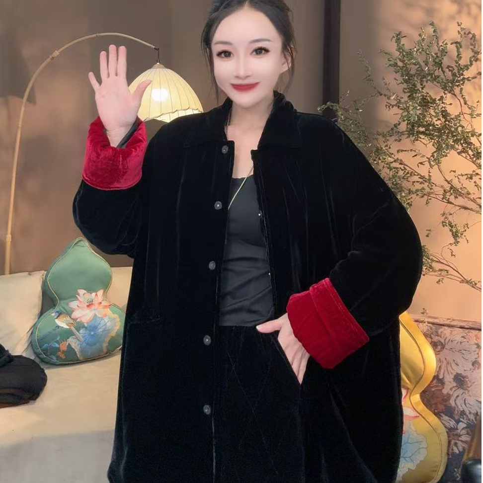 丝绒翻领松弛感撞色挽袖棉服