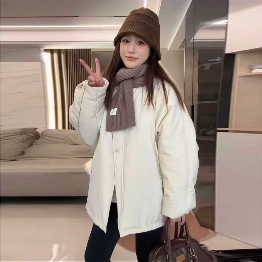 2025秋冬新款时尚简约气质百搭休闲圆领长袖纯色宽松薄款棉服