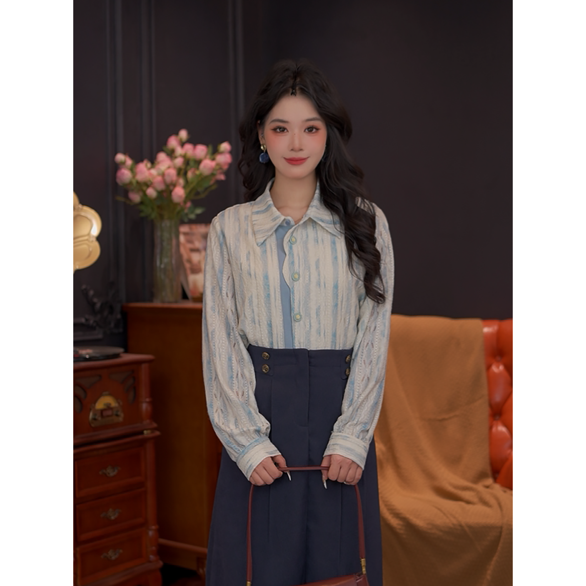 婉儿【晨唏】25秋冬新款百搭复古气质显瘦拼接衬衫#G14366