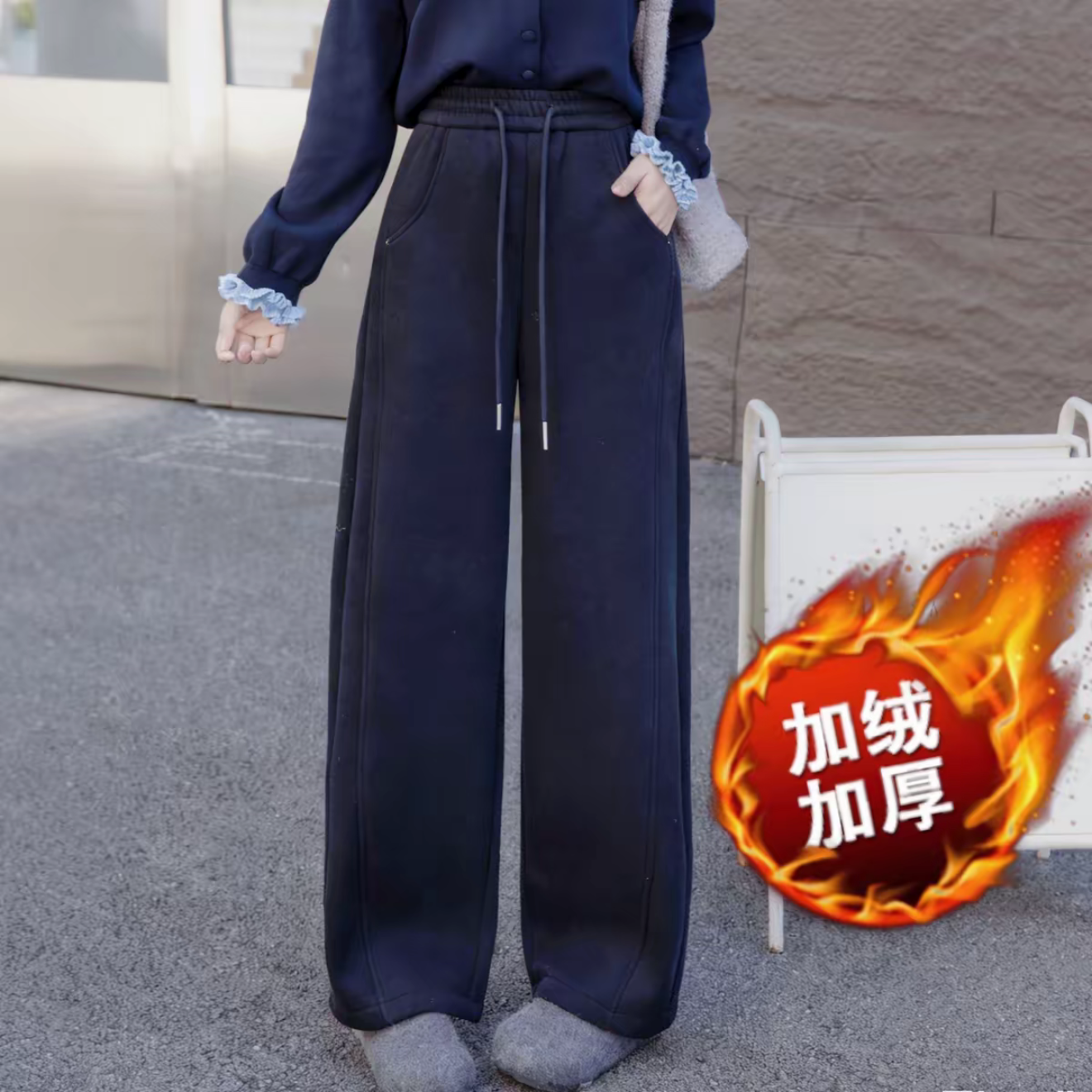 2025冬季新品时尚百搭加绒加厚保暖抽绳长裤休闲洋气女士卫裤8331