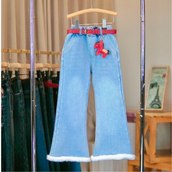 【中厚】冬季女童加绒毛边微喇裤高腰中大童洋气韩版牛仔裤6842裤子