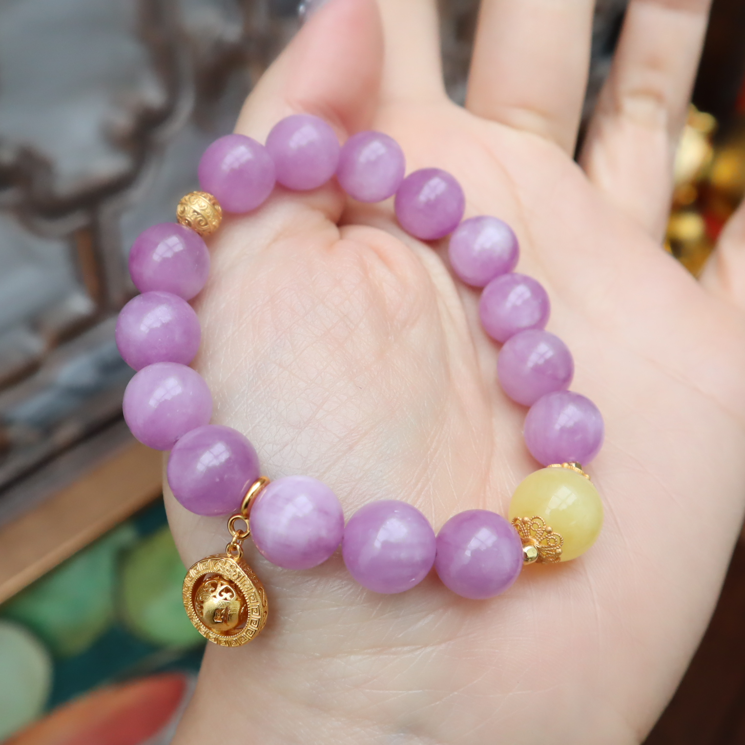 【轩轩珠宝】925银 紫锂辉手串 金缘