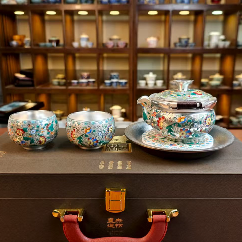 陶瓷茶具周鸿杰鎏银珐琅彩万花手抓壶高档精美套组礼盒装  1811