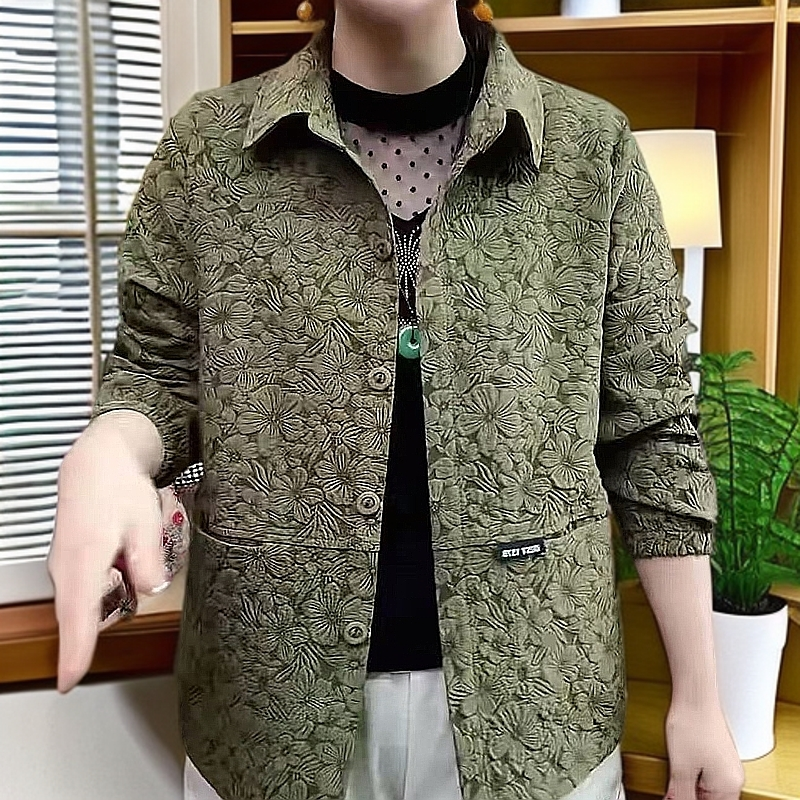 春季翻领提花女短外套春秋季休闲上衣时尚妈妈装百搭薄款衬衫外套
