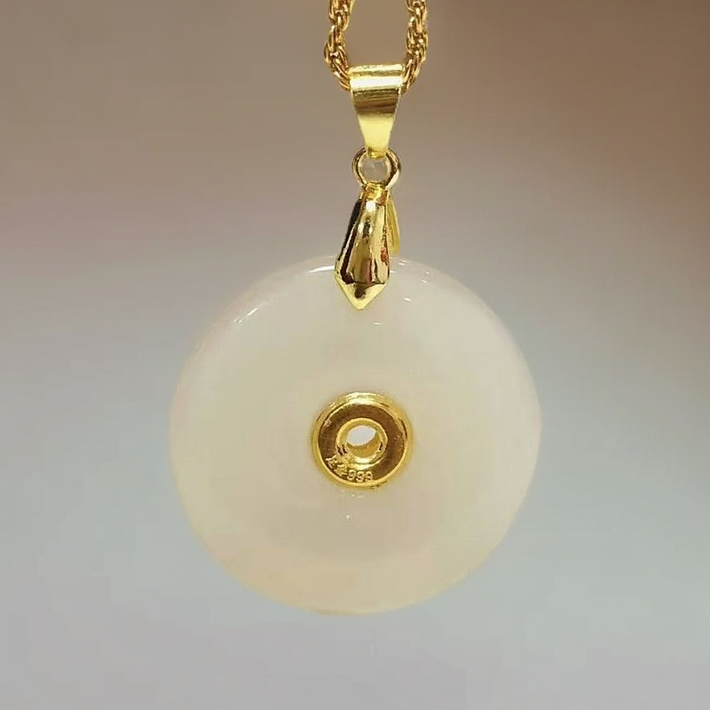 足金黄金真金镶嵌玉髓平安扣吊坠-赠礼盒证书  XX