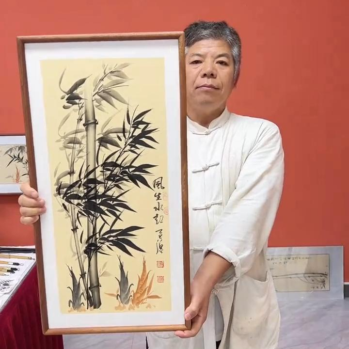 张富民作品/风生水起（乌檀木实木框）（竖版）/36*69厘米左右