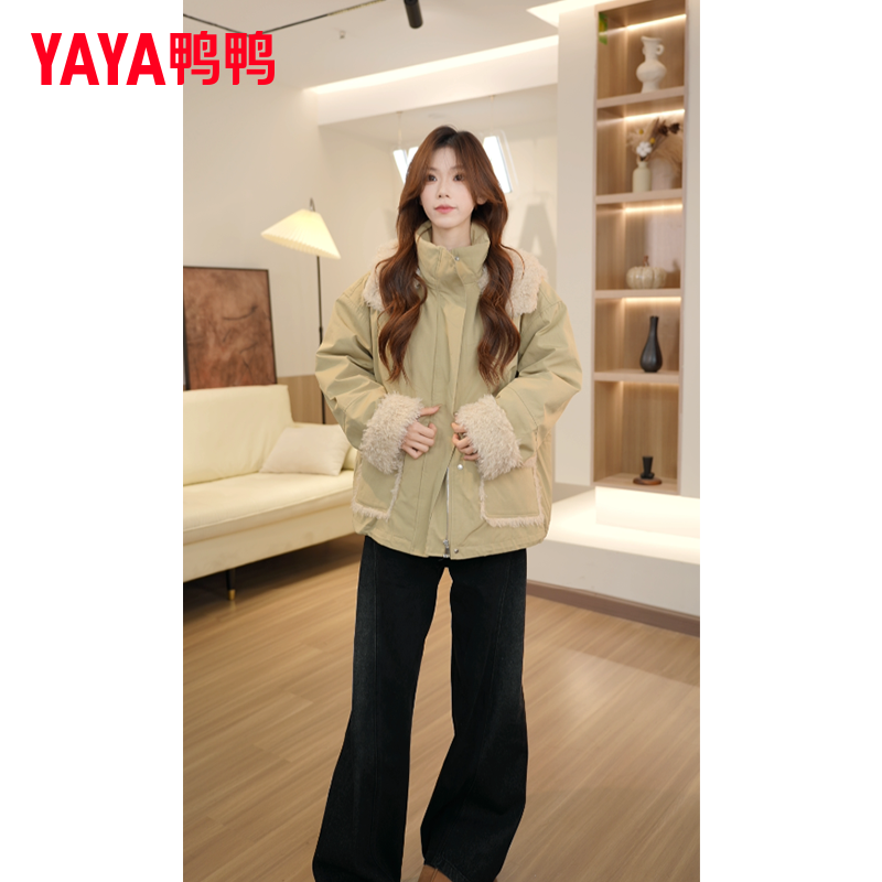 YAYA/鸭鸭2025新款羽绒服连帽韩版拼接加厚常规款秋冬时尚中长款