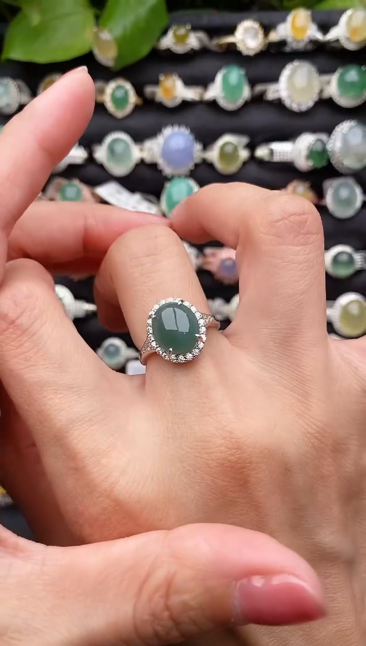 【闪购商品】翡翠戒指银S925镶嵌缅甸天然A货翡翠33   5-1