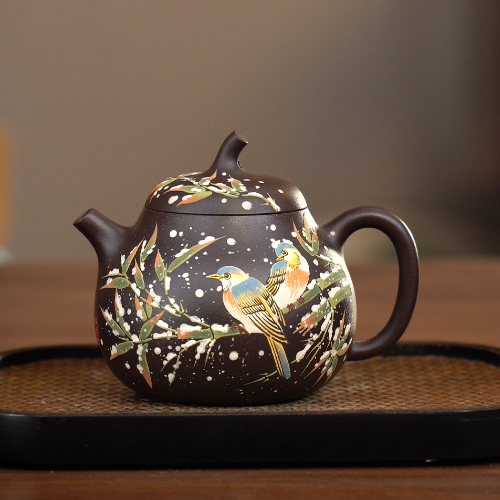 9120原矿紫砂茶具 紫罗兰泥料堆绘雪鸟壶 200cc左右YST
