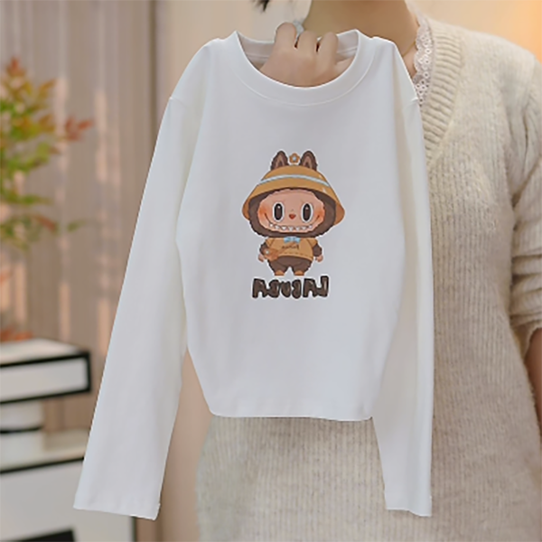 【米小洛】2026春季新款儿童韩版纯色长袖卡通印花打底百搭上衣T恤