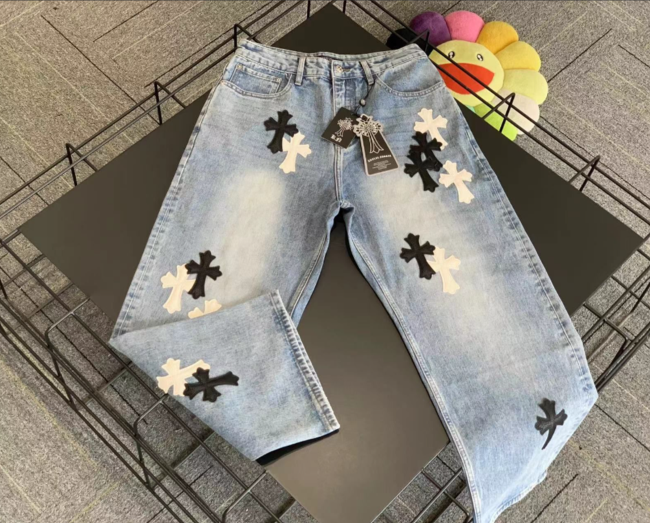 美式高街重工水洗贴皮牛仔直筒裤男女同款EP2195[萧]