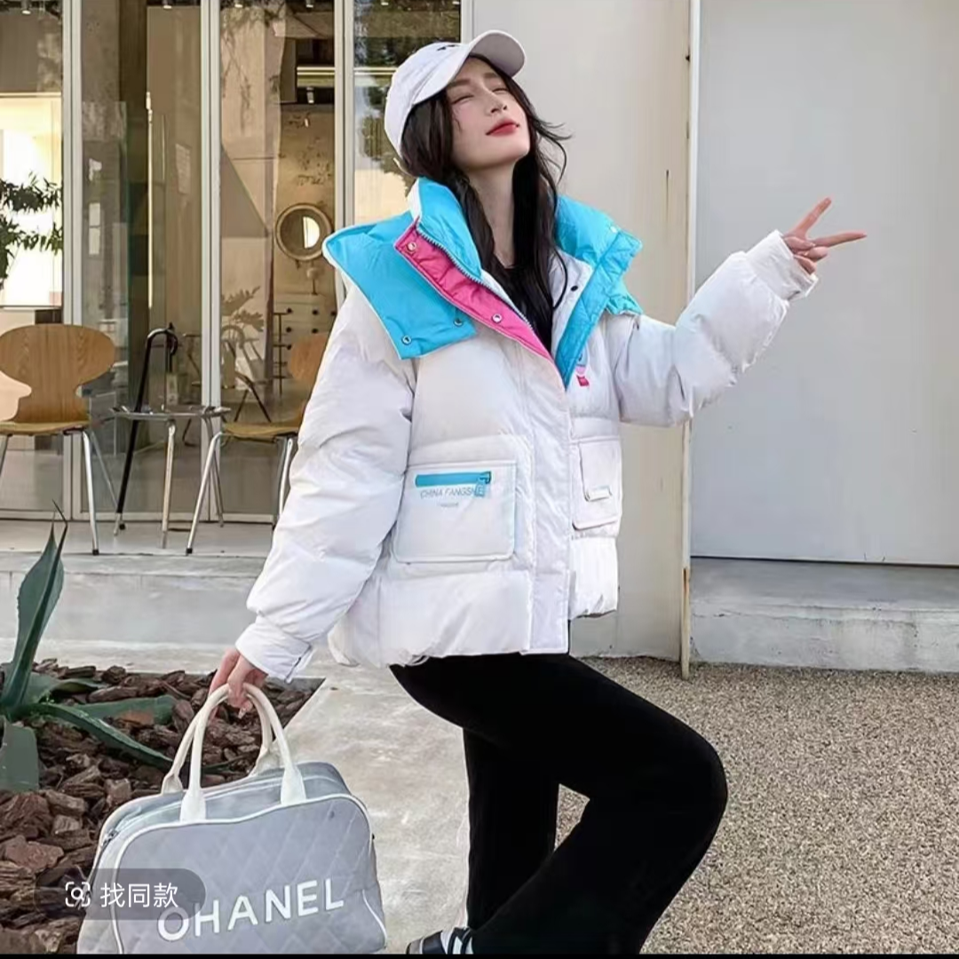 061白鹅绒服女冬季新宽松撞色加厚亮面免洗羽绒服外套