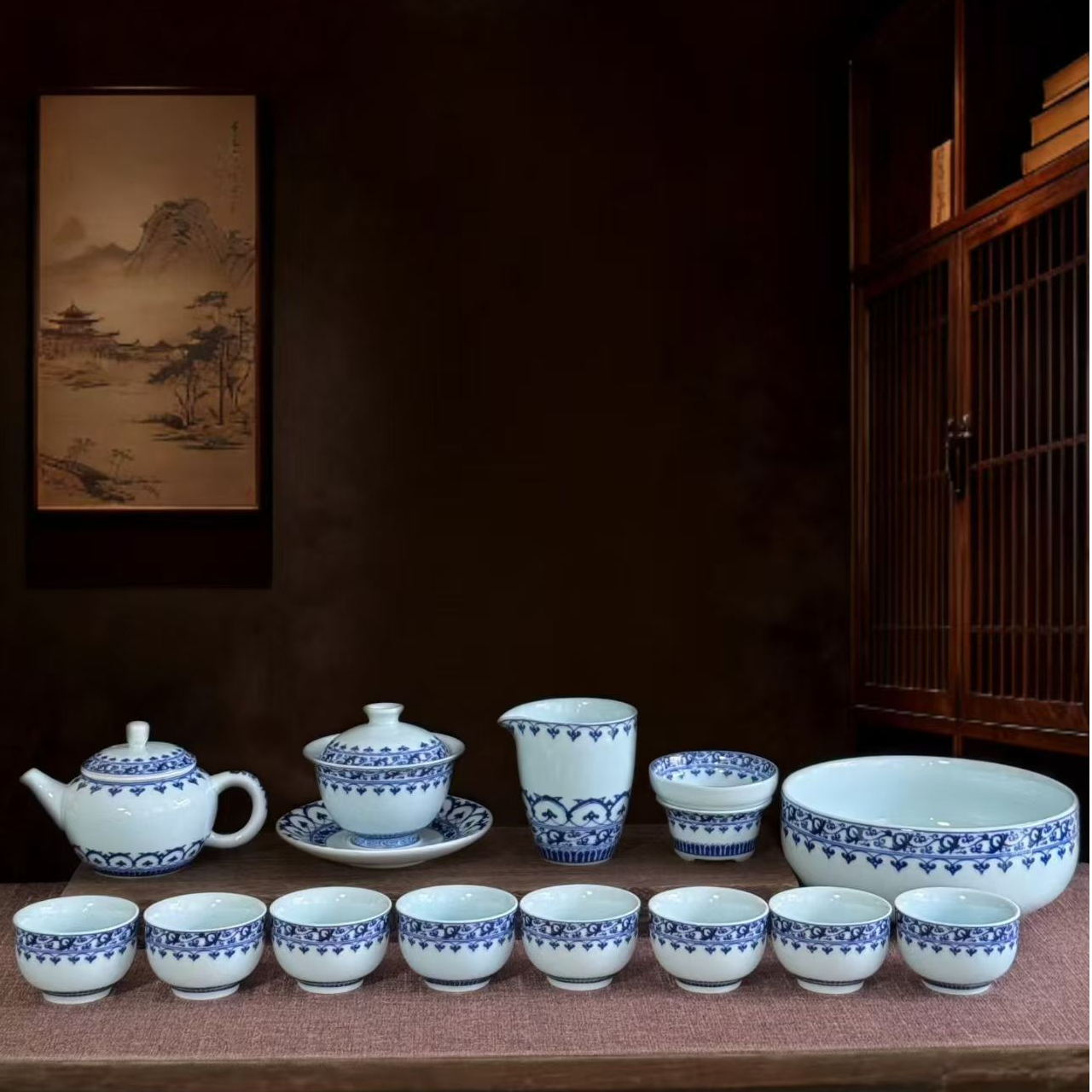 景德镇高温茶具青花釉下彩宝相花纹水洗大套组送人送礼高端套组