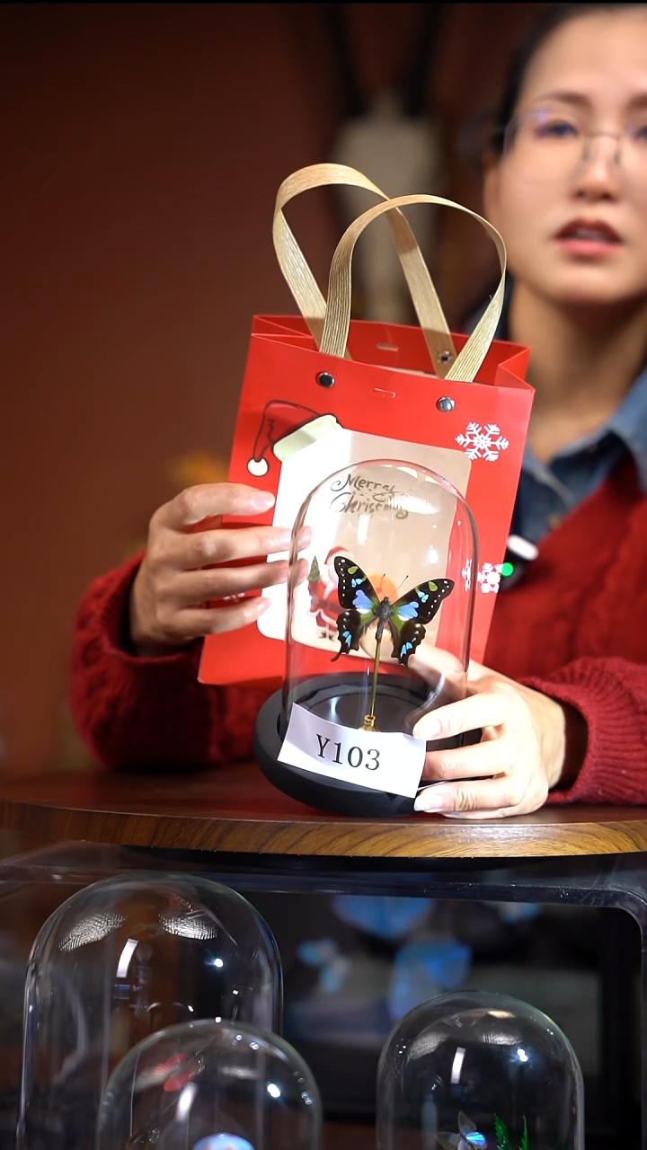 Y103  玫瑰青凤蝶 玻璃罩款  送圣诞手提袋