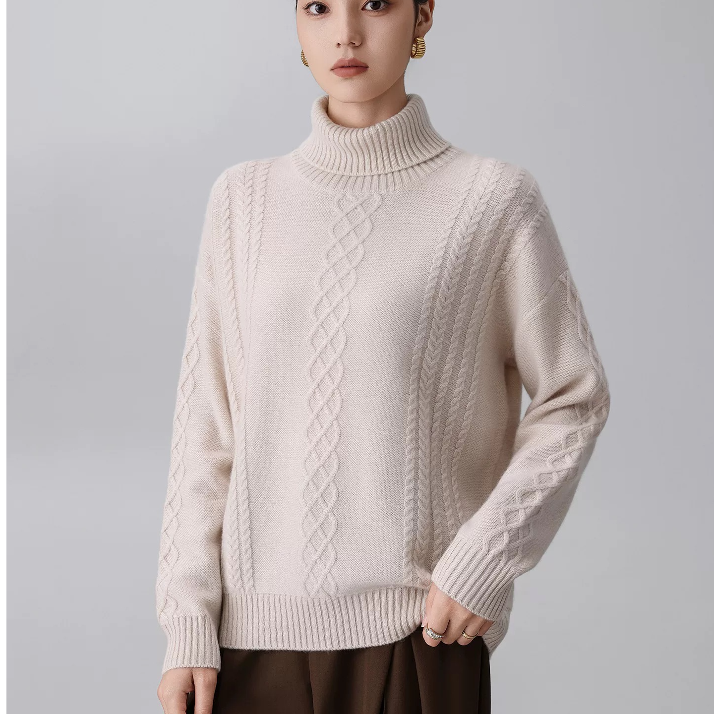秋冬新款 双翻高领100%山羊绒加厚绞花百搭女套头衫