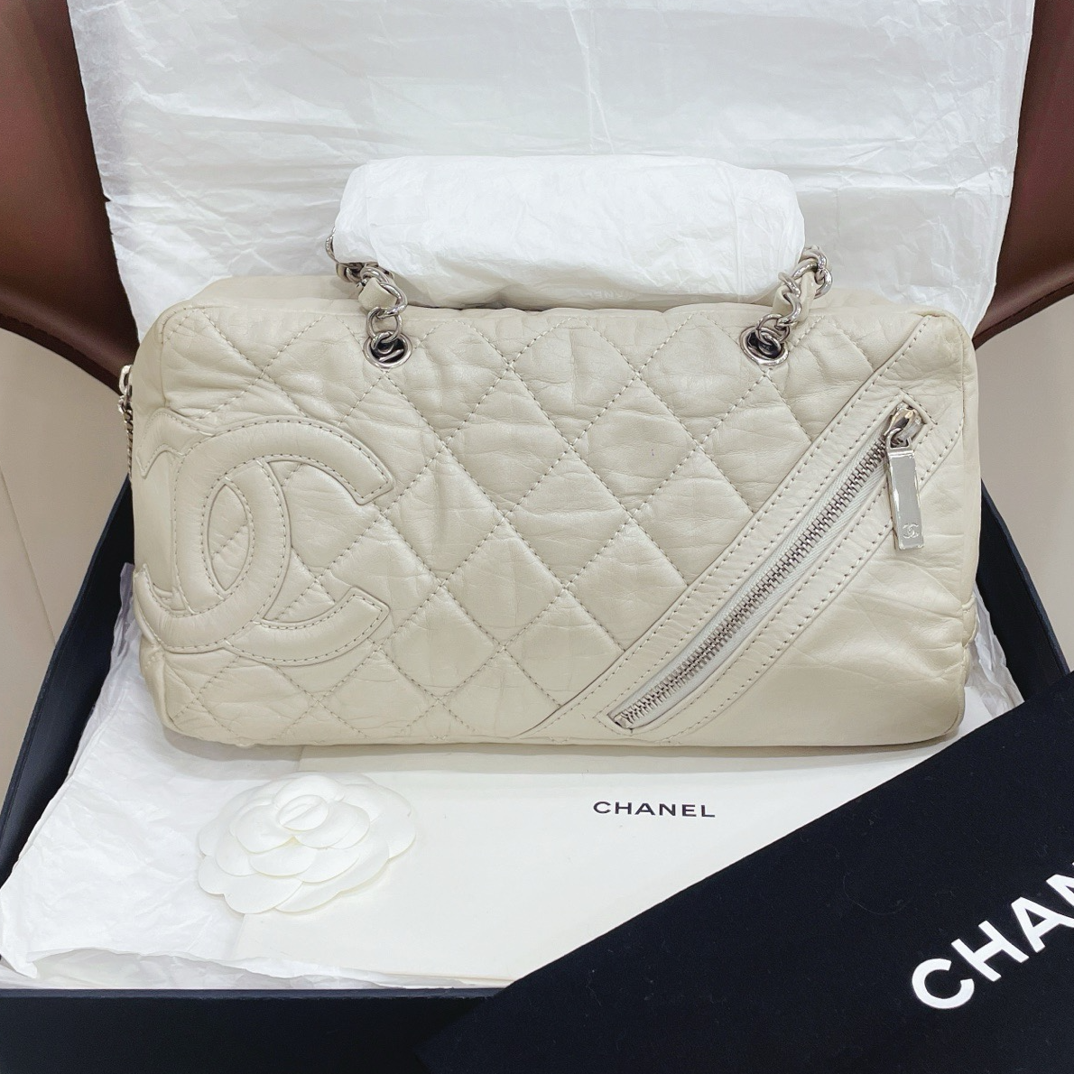 95新 Chanel/香奈儿 奶茶色康鹏保龄球包 单肩斜挎包7QH38035