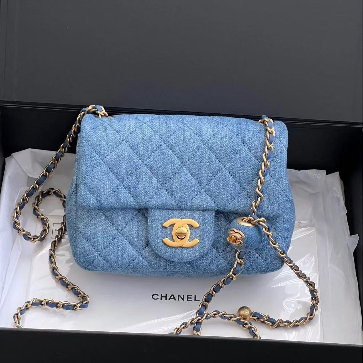 95新 Chanel/香奈儿 GGS金球方胖子蓝色金扣牛仔丹宁芯片18179672