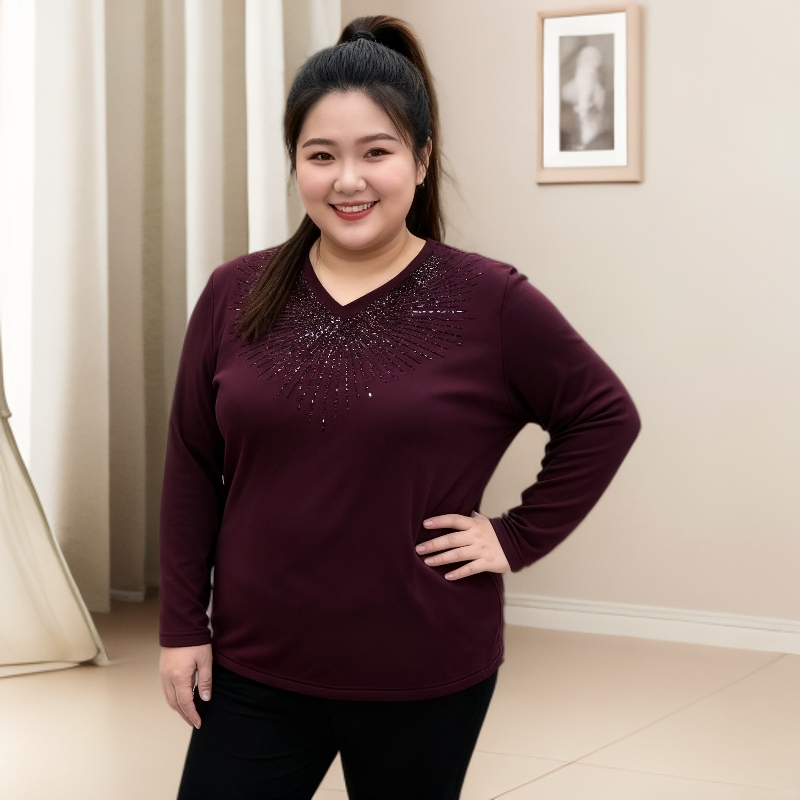 简约内搭烫钻大码精品中老年时尚加绒小衫GLY3224