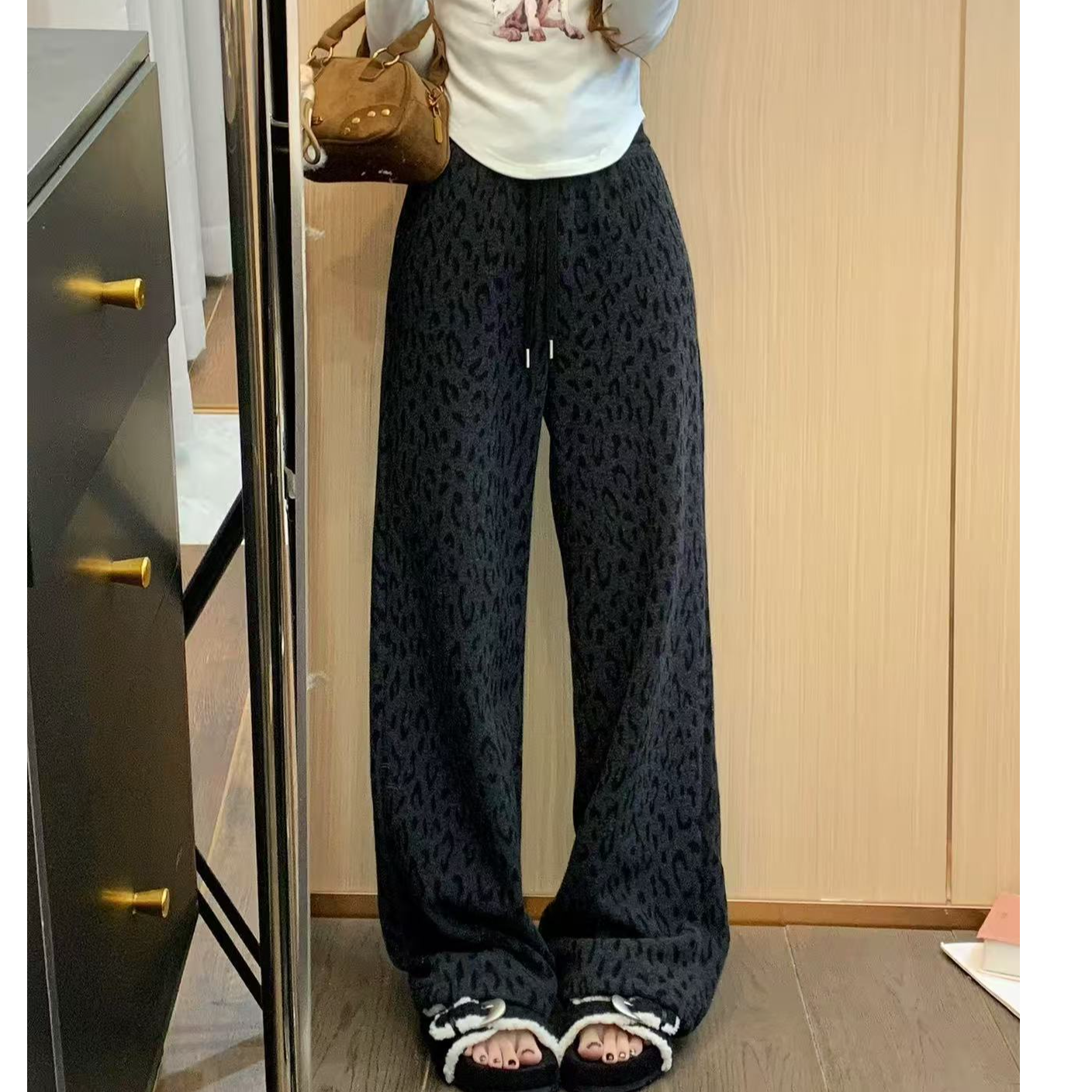 大码女装加绒豹纹裤女2025秋冬新款加厚直筒裤胖m显瘦裤00670