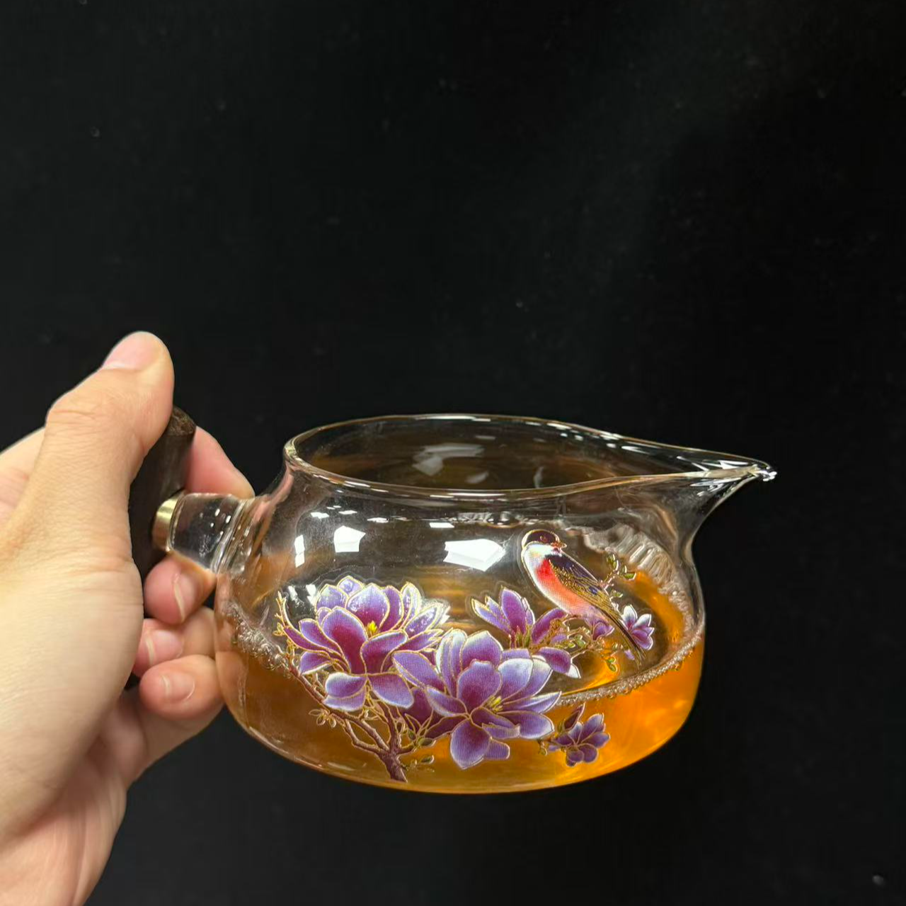 木把玻璃花鸟公道杯A13571 