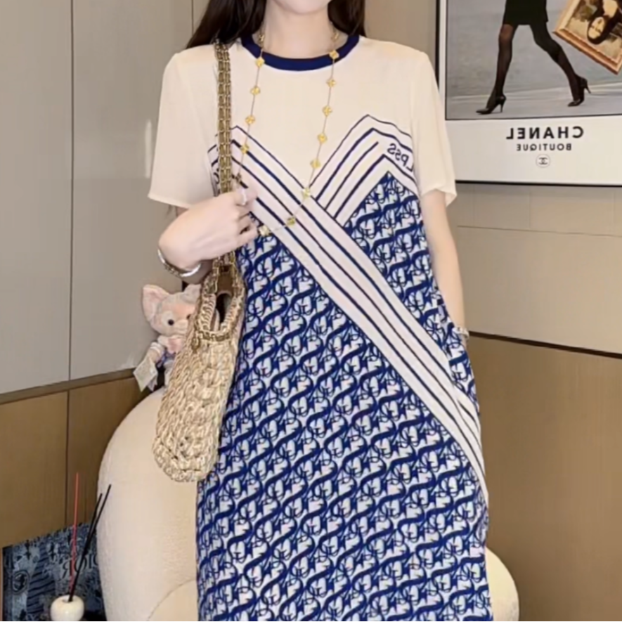 【丝芙玉禄】【E955】100%真丝双绉圆领拼色印花桑蚕丝女装连衣裙