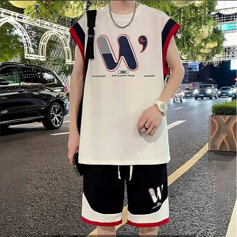 夏季休闲运动套装男士潮流帅气无袖背心五分裤学生两件套时尚衣服